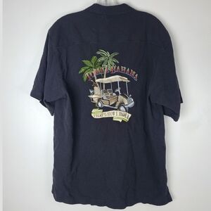 Tommy Bahama Black Silk Golf Graphic THATS HOW I ROLL Embroidered Camp Shirt M